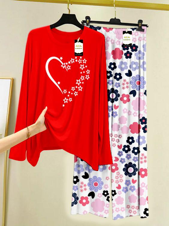 Red Star Heart Printed Nightwear Set with White Flower Printed Trousers – Women's Lounge Wear (008)