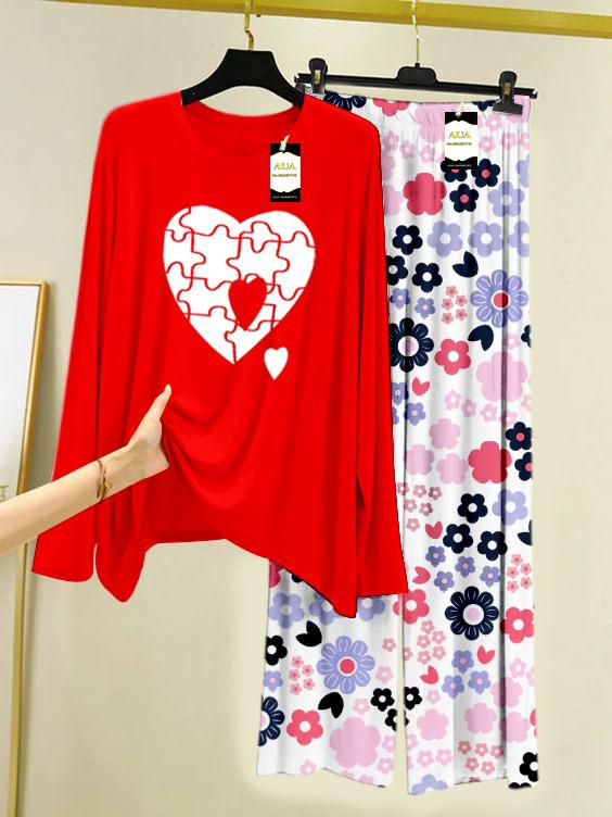 Red Puzzle Heart Printed Nightwear Set with White Flower Printed Trousers – Women's Lounge Wear (008)