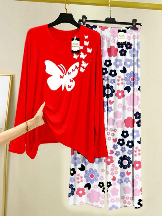 Red Flying Butterflies Printed Nightwear Set with White Flower Printed Trousers – Women's Lounge Wear (008)