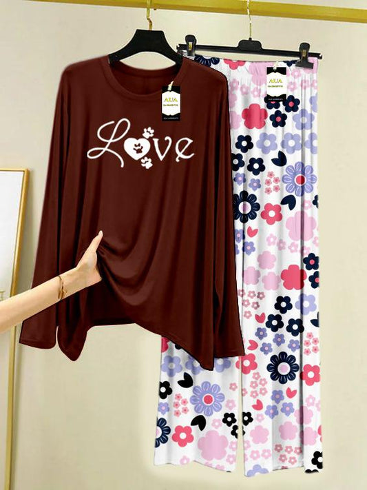 Dark Brown Love Printed Nightwear Set with White Flower Printed Trousers – Women's Lounge Wear (008)