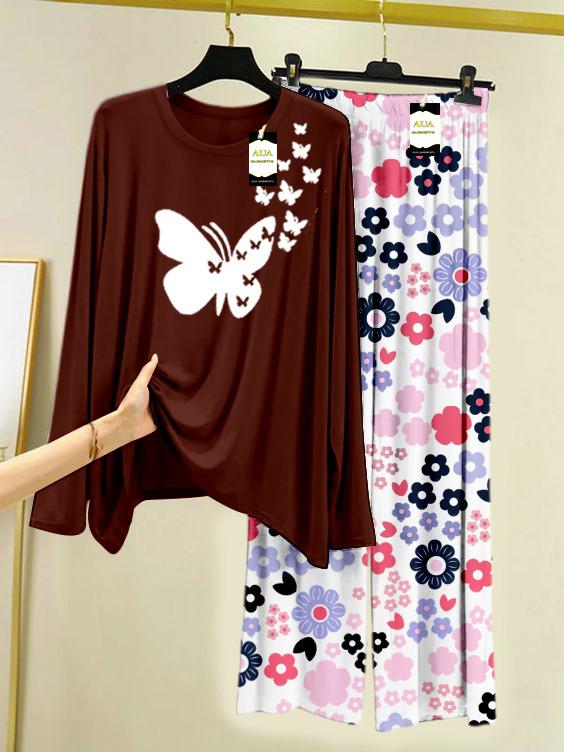 Dark Brown Flying Butterflies Printed Nightwear Set with White Flower Printed Trousers – Women's Lounge Wear (008)