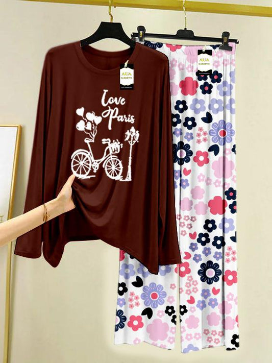 Dark Brown Love Paris Printed Nightwear Set with White Flower Printed Trousers – Women's Lounge Wear (008)