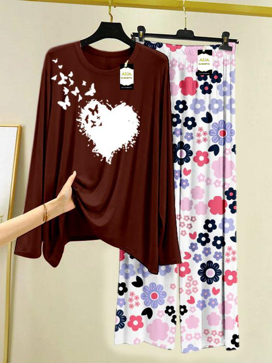 Dark Brown Heart Butterfly Printed Nightwear Set with White Flower Printed Trousers – Women's Lounge Wear (008)