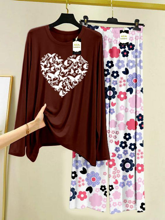 Dark Brown Heart Printed Nightwear Set with White Flower Printed Trousers – Women's Lounge Wear (008)