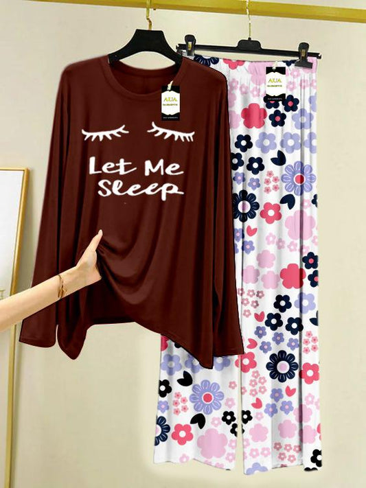 Dark Brown Let Me Sleep Printed Nightwear Set with White Flower Printed Trousers – Women's Lounge Wear (008)