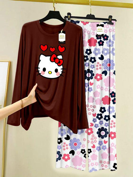 Dark Brown Hello Kitty Printed Nightwear Set with White Flower Printed Trousers – Women's Lounge Wear (008)