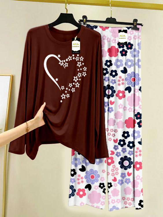 Dark Brown Star Heart Printed Nightwear Set with White Flower Printed Trousers – Women's Lounge Wear (008)