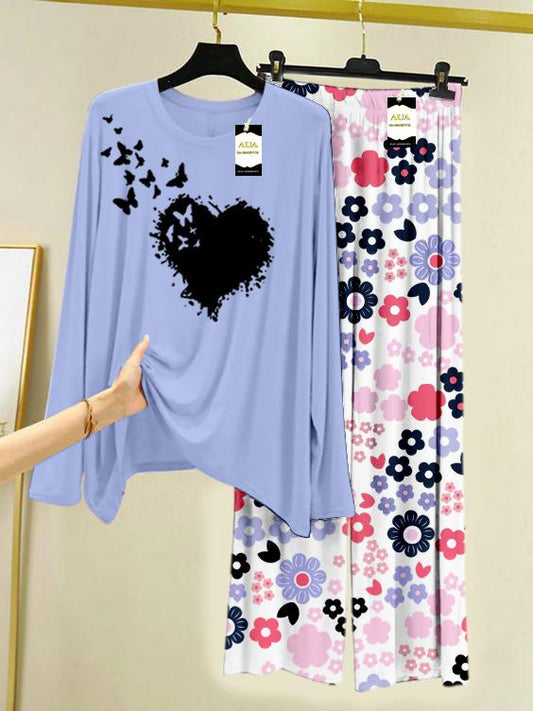 Light Heart Butterfly Printed Nightwear Set with White Flower Printed Trousers – Women's Lounge Wear (008)