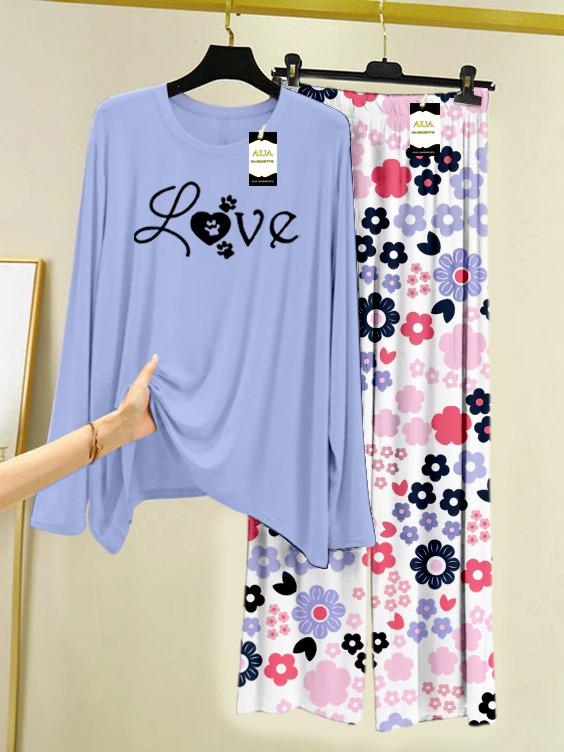 Light Love Printed Nightwear Set with White Flower Printed Trousers – Women's Lounge Wear (008)