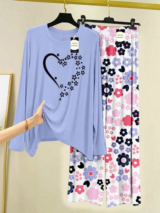 Light Blue Star Heart Printed Nightwear Set with White Flower Printed Trousers – Women's Lounge Wear (008)