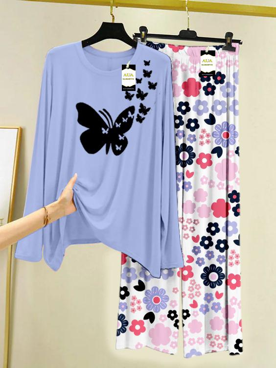 Light Blue Flying Butterflies Printed Nightwear Set with White Flower Printed Trousers – Women's Lounge Wear (008)