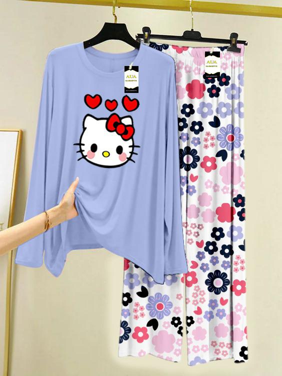 Light Blue Hello Kitty Printed Nightwear Set with White Flower Printed Trousers – Women's Lounge Wear (008)