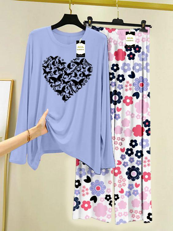 Light Blue Heart Printed Nightwear Set with White Flower Printed Trousers – Women's Lounge Wear (008)