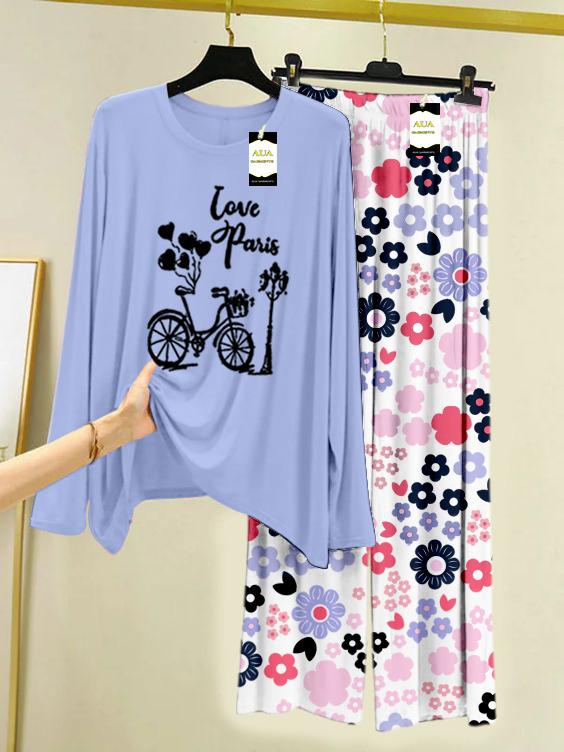 Light Blue Love Paris Printed Nightwear Set with White Flower Printed Trousers – Women's Lounge Wear (008)