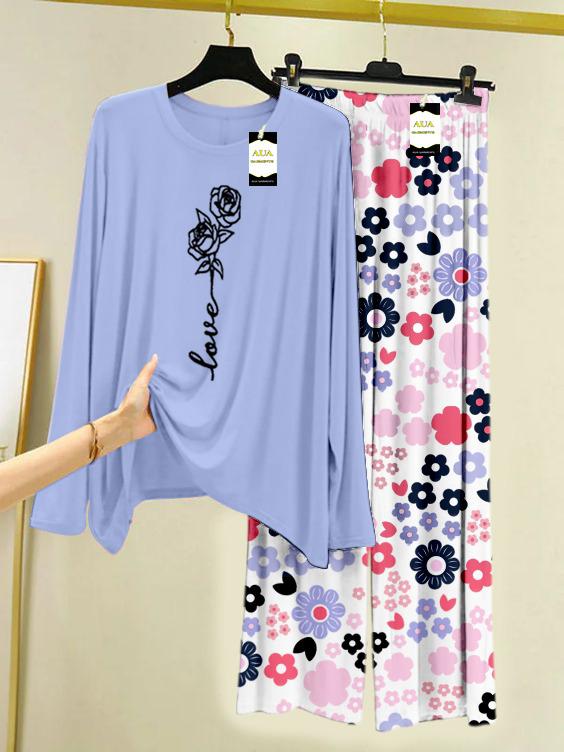 Light Blue Rose Love Printed Nightwear Set with White Flower Printed Trousers – Women's Lounge Wear (008)