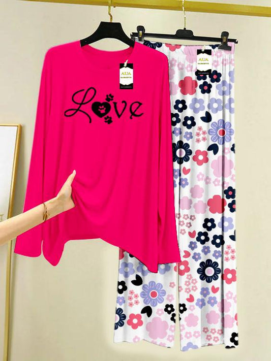 Dark Pink Love Printed Nightwear Set with White Flower Printed Trousers – Women's Lounge Wear (008)