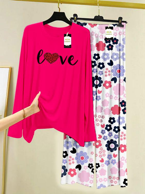 Dark Pink Red Heart Love Printed Nightwear Set with White Flower Printed Trousers – Women's Lounge Wear (008)