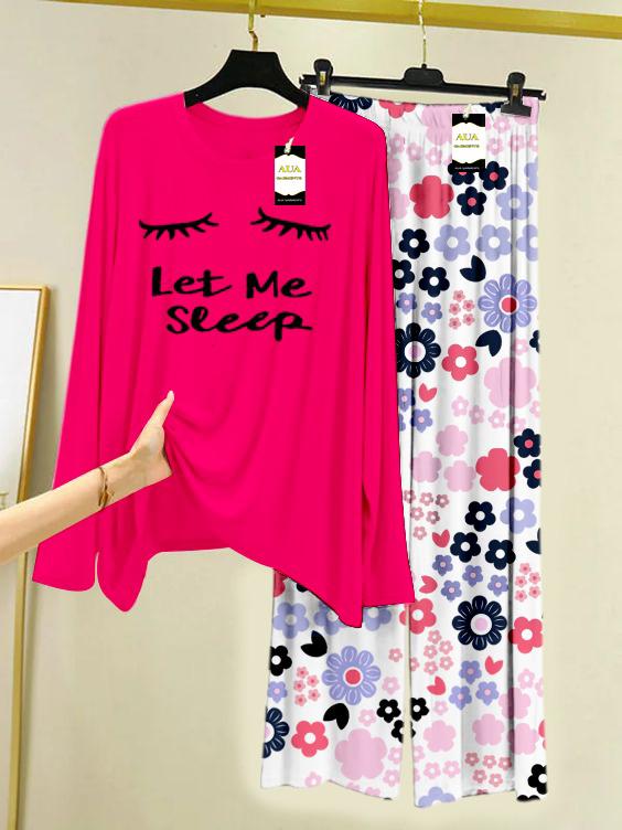 Dark Pink Let Me Sleep Printed Nightwear Set with White Flower Printed Trousers – Women's Lounge Wear (008)