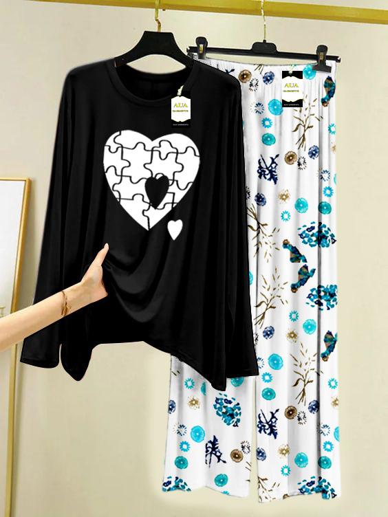 BLACK PUXXEL HEART Printed Nightwear Set with Tree Flower Printed Trousers – Women's Lounge Wear (009)