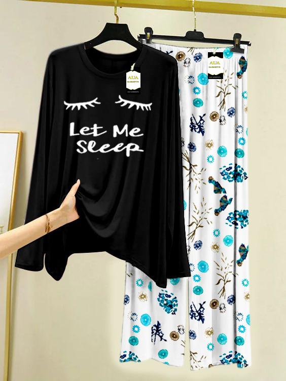 BLACK LET ME SLEEP Printed Nightwear Set with Tree Flower Printed Trousers – Women's Lounge Wear (009)