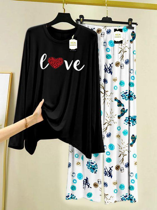 BLACK LOVE RED HEART Printed Nightwear Set with Tree Flower Printed Trousers – Women's Lounge Wear (009)