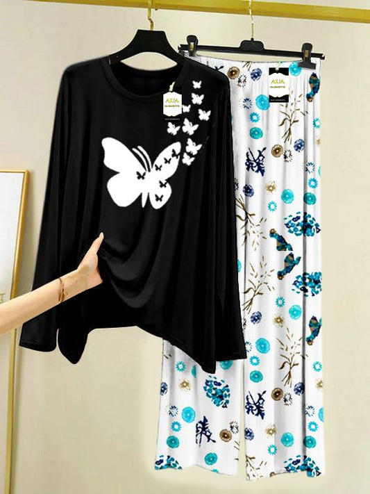 BLACK FLYING BUTTERFLY Printed Nightwear Set with Tree Flower Printed Trousers – Women's Lounge Wear (009)