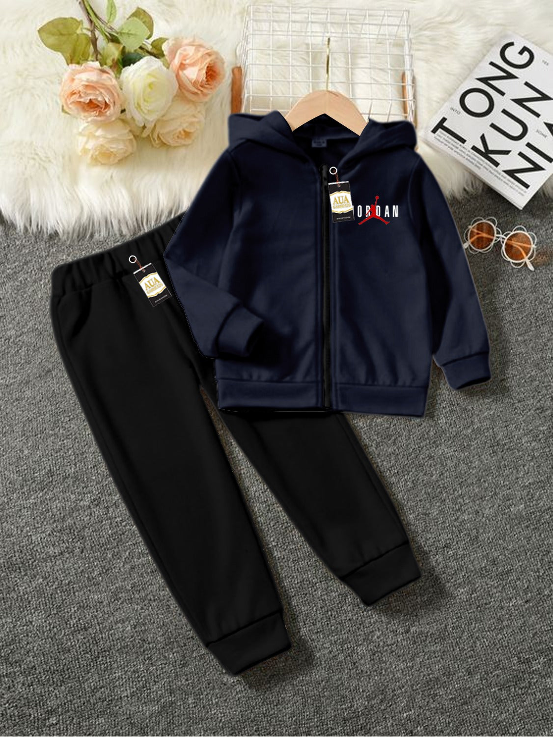 Navy Blue Jordan Printed Kid's Tracksuit Set with Zipper Hoodie and Trousers (1-10 Years)