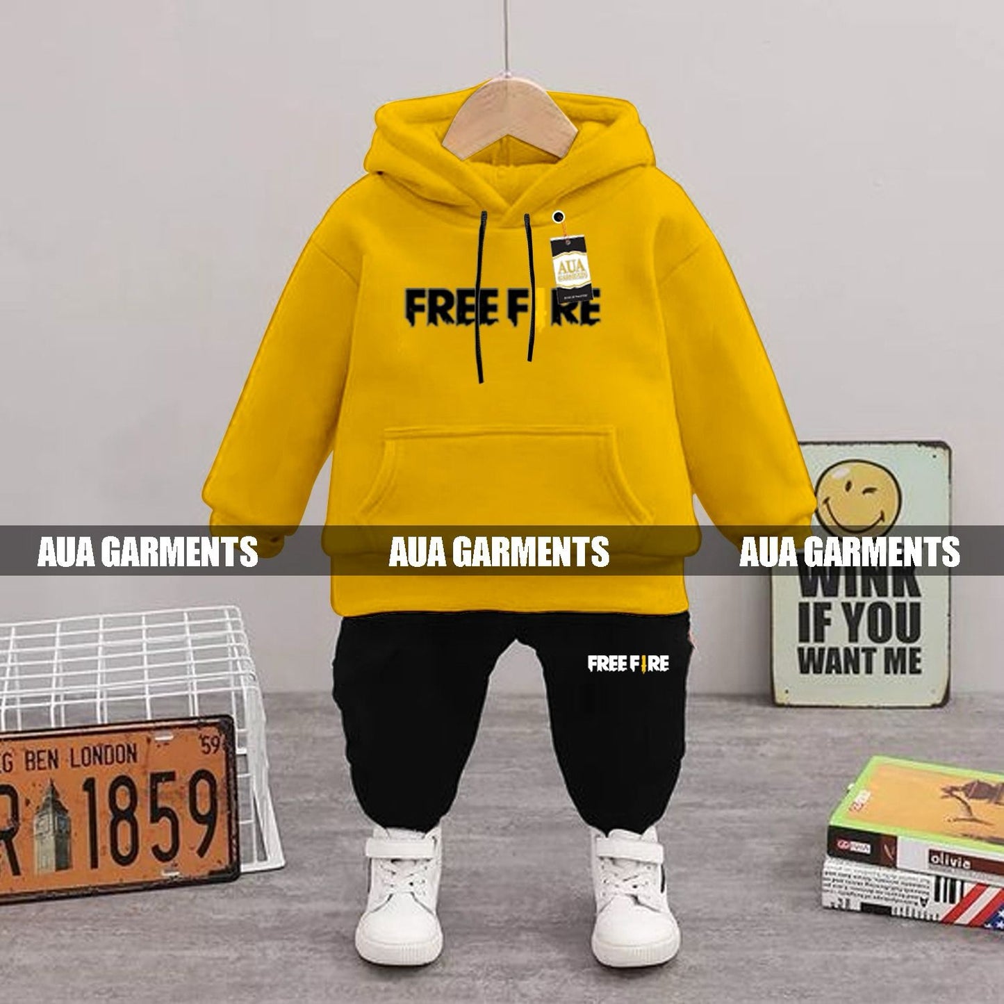 YELLOW FREE FIRE Printed Kid's Tracksuit Set with Hoodie and Trousers (1-10 Years)