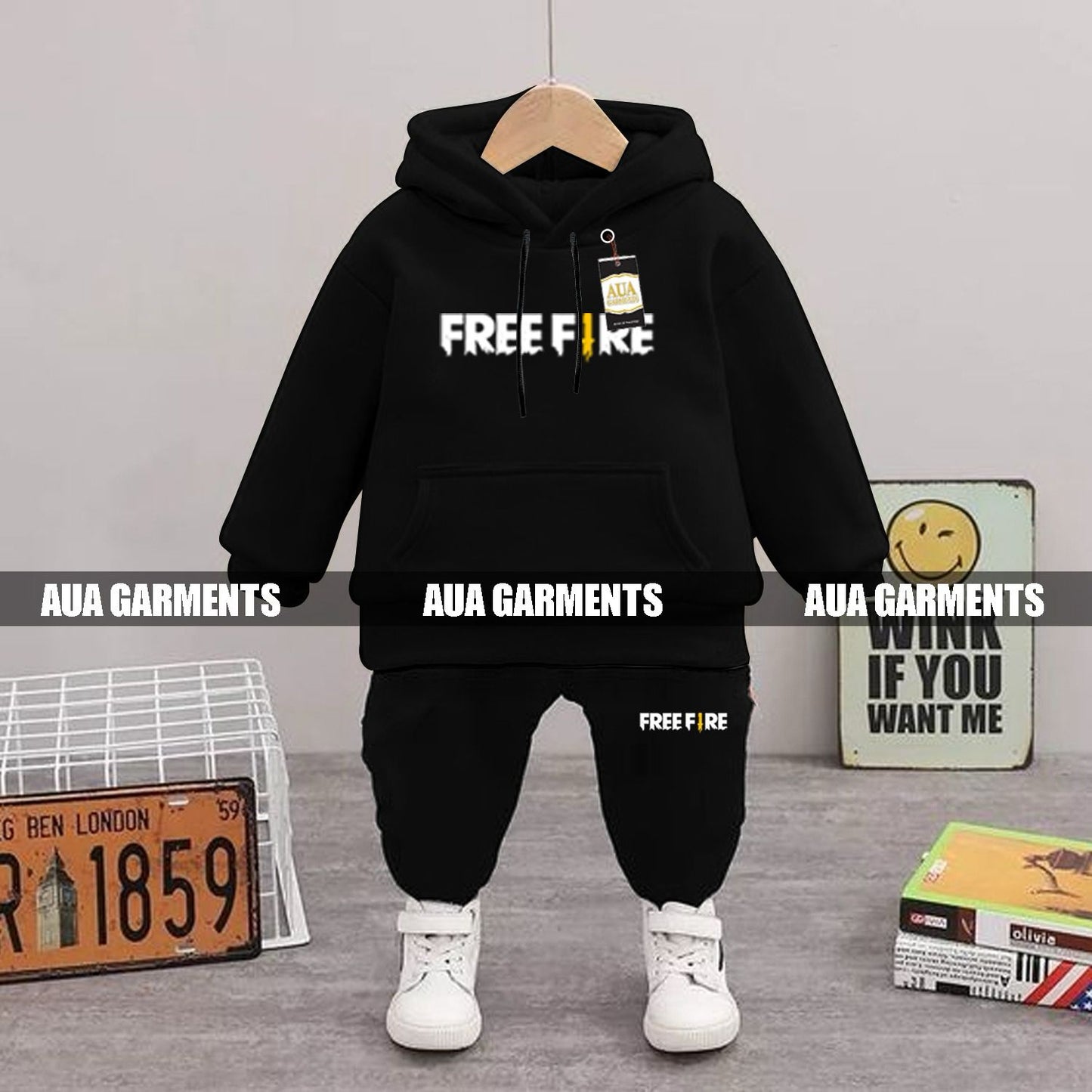 BLACK FREE FIRE Printed Kid's Tracksuit Set with Hoodie and Trousers (1-10 Years)