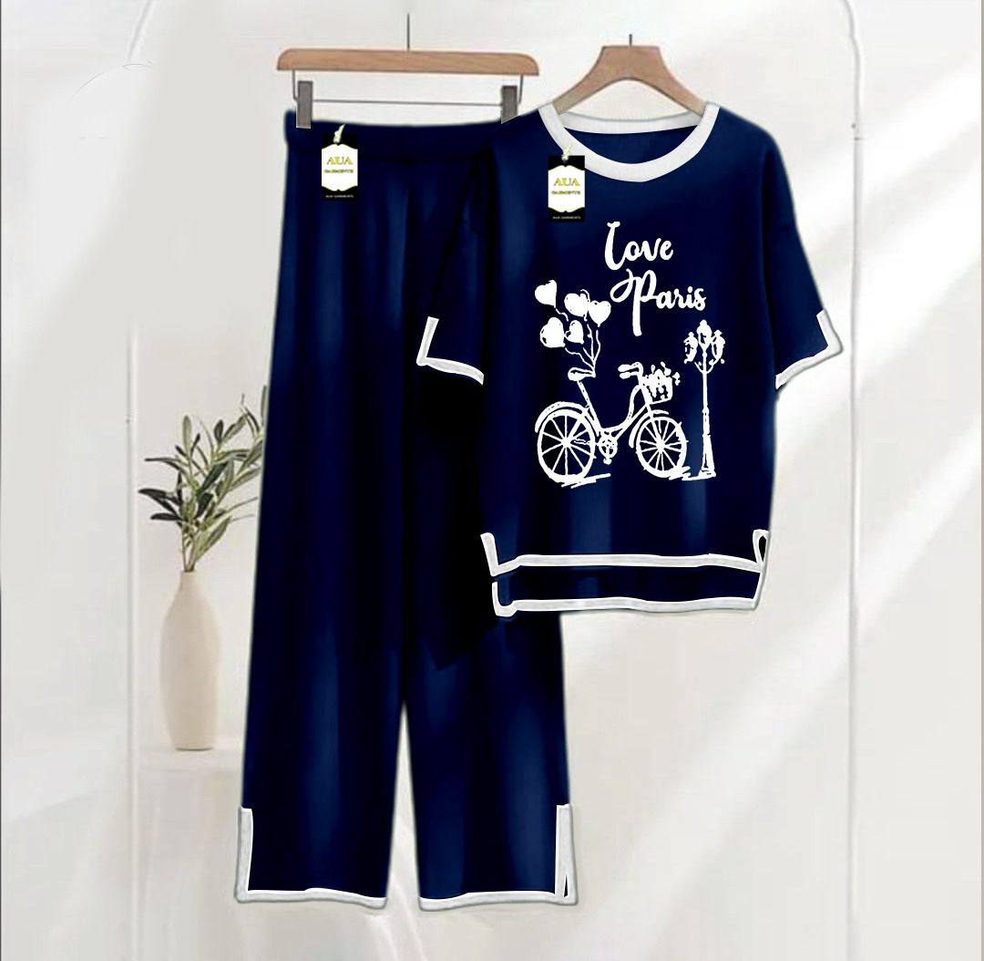 Women's Navy Blue Love Paris Printed Nightwear Set - Soft Summer Jersey Fabric, Short Sleeves, Contrast Piping Turkish Style | Comfortable Sleepwear by AUA Garments