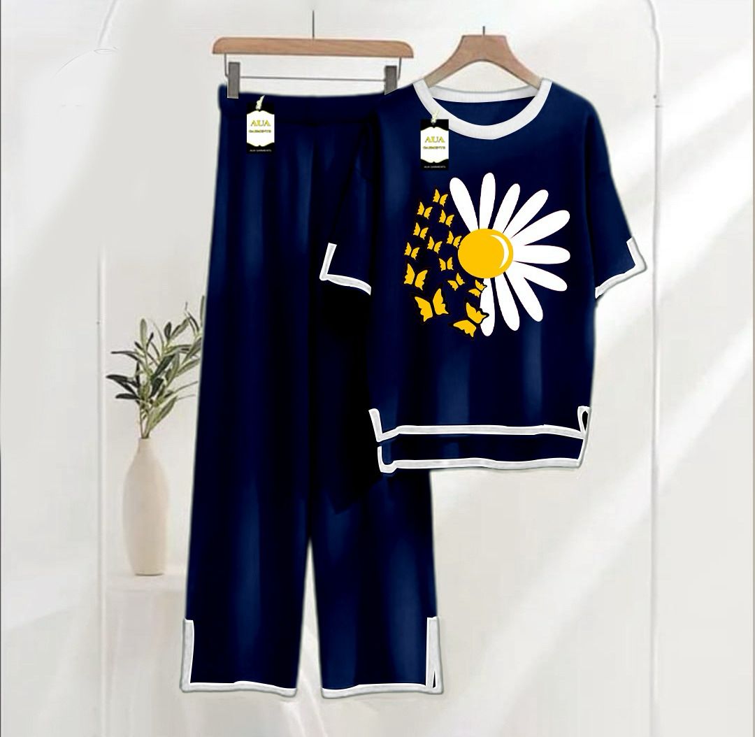 Women's Navy Sunflower Printed Nightwear Set - Soft Summer Jersey Fabric, Short Sleeves, Contrast Piping Turkish Style | Comfortable Sleepwear by AUA Garments