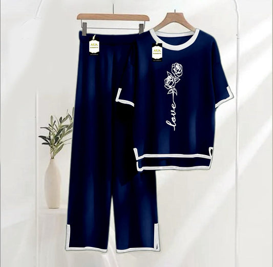 Women's Navy Blue Love Rose Printed Nightwear Set - Soft Summer Jersey Fabric, Short Sleeves, Contrast Piping Turkish Style | Comfortable Sleepwear by AUA Garments