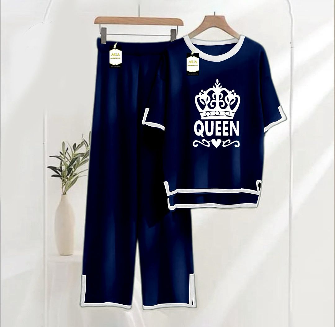 Women's Navy Queen Printed Nightwear Set - Soft Summer Jersey Fabric, Short Sleeves, Contrast Piping Turkish Style | Comfortable Sleepwear by AUA Garments