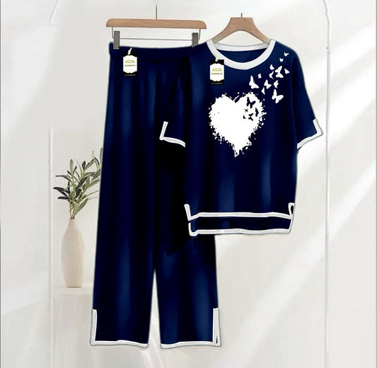 Women's Navy Blue New Heart Buttterflies Printed Nightwear Set - Soft Summer Jersey Fabric, Short Sleeves, Contrast Piping Turkish Style | Comfortable Sleepwear by AUA Garments