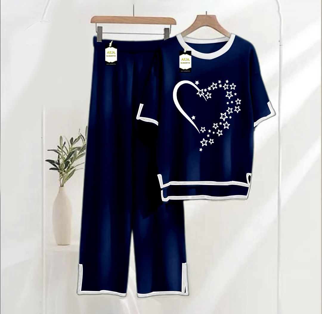 Women's Navy Blue Star Heart Printed Nightwear Set - Soft Summer Jersey Fabric, Short Sleeves, Contrast Piping Turkish Style | Comfortable Sleepwear by AUA Garments