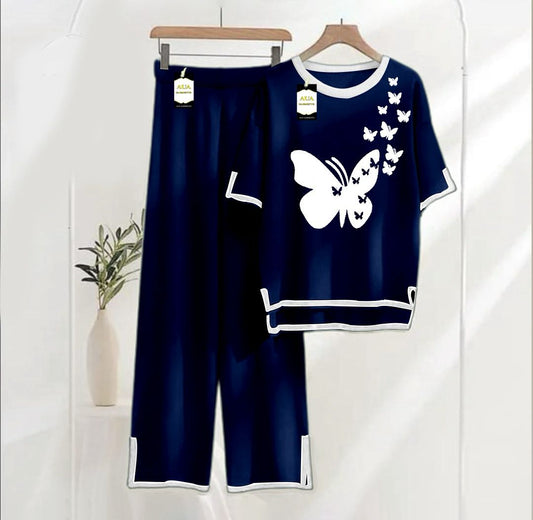 Women's Navy Blue Flying Butterflies Printed Nightwear Set - Soft Summer Jersey Fabric, Short Sleeves, Contrast Piping Turkish Style | Comfortable Sleepwear by AUA Garments