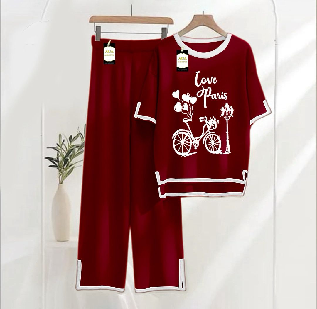 Women's Maroon I Love Paris Printed Nightwear Set - Soft Summer Jersey Fabric, Short Sleeves, Contrast Piping Turkish Style | Comfortable Sleepwear by AUA Garments