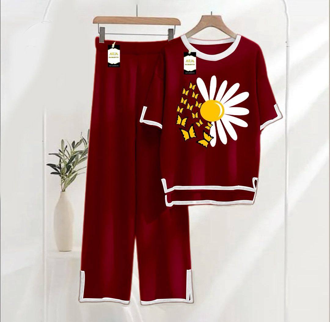 Women's Maroon Sunflower Printed Nightwear Set - Soft Summer Jersey Fabric, Short Sleeves, Contrast Piping Turkish Style | Comfortable Sleepwear by AUA Garments