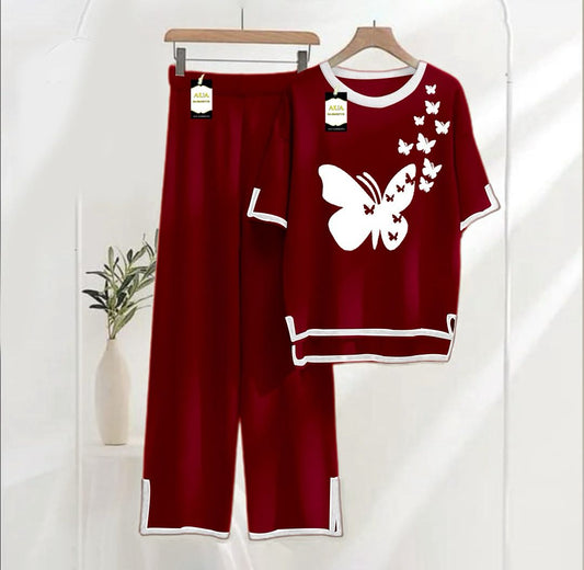 Women's Maroon Flying Butterflies Printed Nightwear Set - Soft Summer Jersey Fabric, Short Sleeves, Contrast Piping Turkish Style | Comfortable Sleepwear by AUA Garments