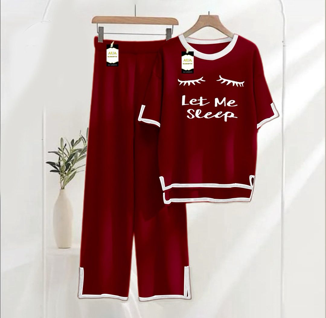 Women's Maroon Let Me Sleep Printed Nightwear Set - Soft Summer Jersey Fabric, Short Sleeves, Contrast Piping Turkish Style | Comfortable Sleepwear by AUA Garments