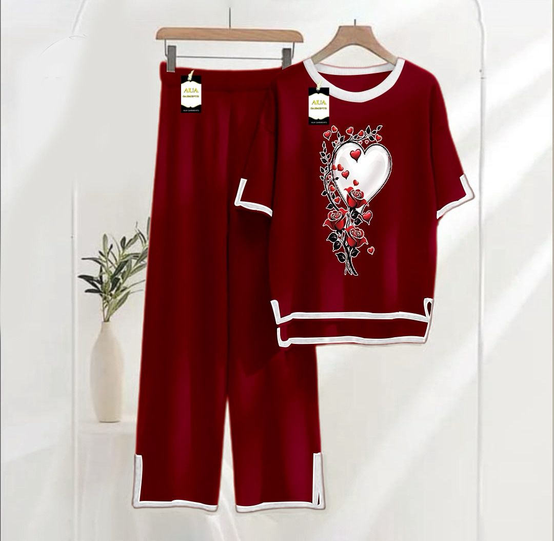 Women's Maroon Rose Heart Printed Nightwear Set - Soft Summer Jersey Fabric, Short Sleeves, Contrast Piping Turkish Style | Comfortable Sleepwear by AUA Garments