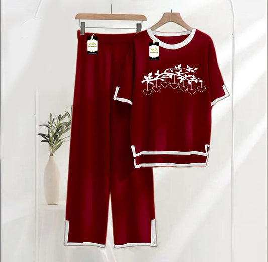 Women's Maroon Mini Heart Printed Nightwear Set - Soft Summer Jersey Fabric, Short Sleeves, Contrast Piping Turkish Style | Comfortable Sleepwear by AUA Garments