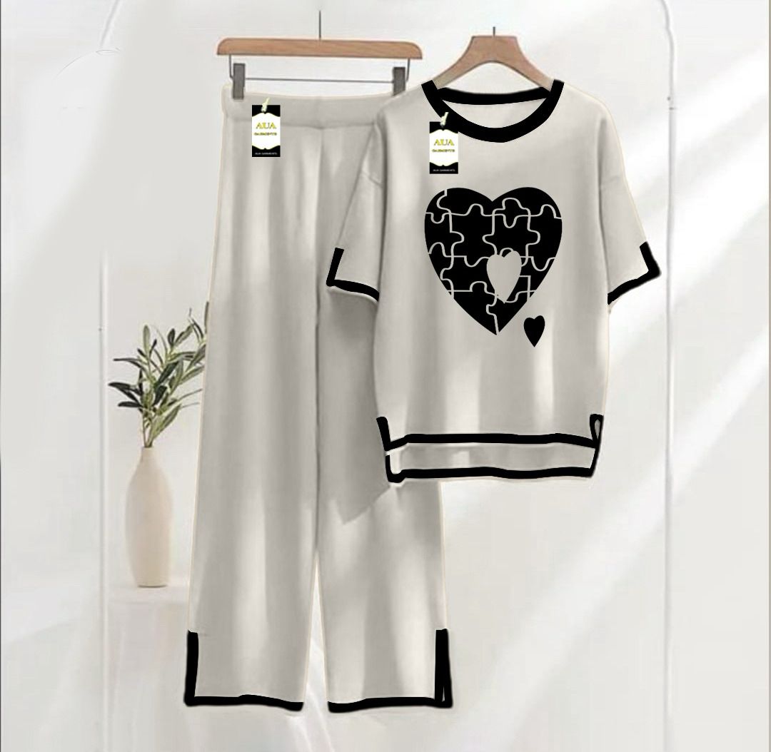 Women's Grey Puzzle Heart Printed Nightwear Set - Soft Summer Jersey Fabric, Short Sleeves, Contrast Piping Turkish Style | Comfortable Sleepwear by AUA Garments