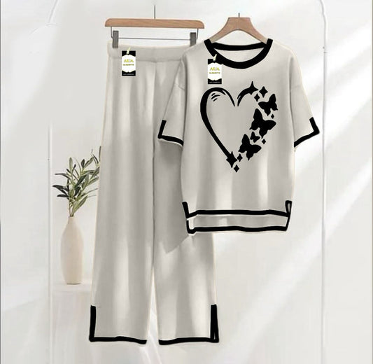 Women's Grey Womens Heart Printed Nightwear Set - Soft Summer Jersey Fabric, Short Sleeves, Contrast Piping Turkish Style | Comfortable Sleepwear by AUA Garments