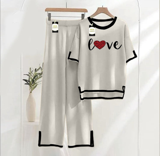 Women's Grey Love Printed Nightwear Set - Soft Summer Jersey Fabric, Short Sleeves, Contrast Piping Turkish Style | Comfortable Sleepwear by AUA Garments