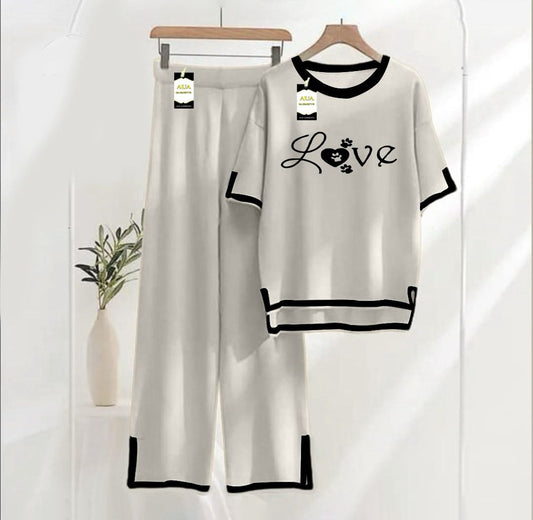 Women's Grey Love Printed Nightwear Set - Soft Summer Jersey Fabric, Short Sleeves, Contrast Piping Turkish Style | Comfortable Sleepwear by AUA Garments