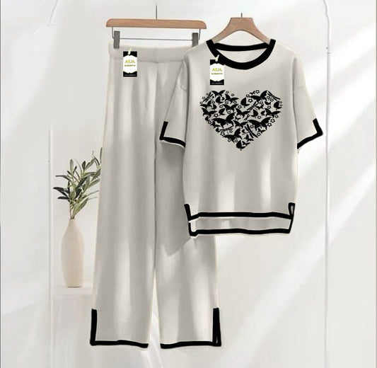 Women's Grey New Heart Printed Nightwear Set - Soft Summer Jersey Fabric, Short Sleeves, Contrast Piping Turkish Style | Comfortable Sleepwear by AUA Garments