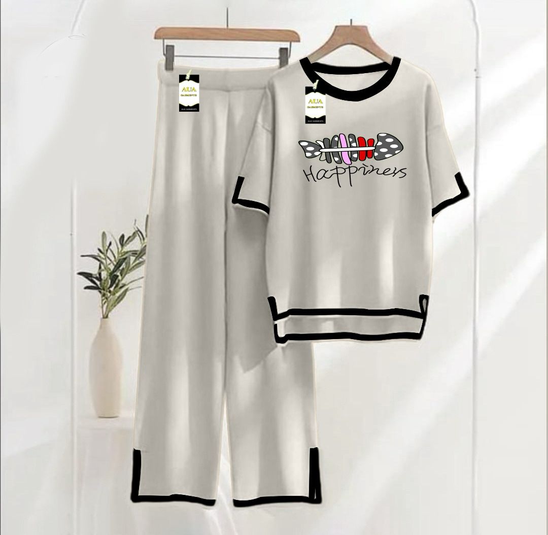 Women's Grey Happiness Printed Nightwear Set - Soft Summer Jersey Fabric, Short Sleeves, Contrast Piping Turkish Style | Comfortable Sleepwear by AUA Garment