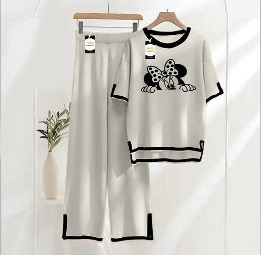 Women's Grey Minie Printed Nightwear Set - Soft Summer Jersey Fabric, Short Sleeves, Contrast Piping Turkish Style | Comfortable Sleepwear by AUA Garment