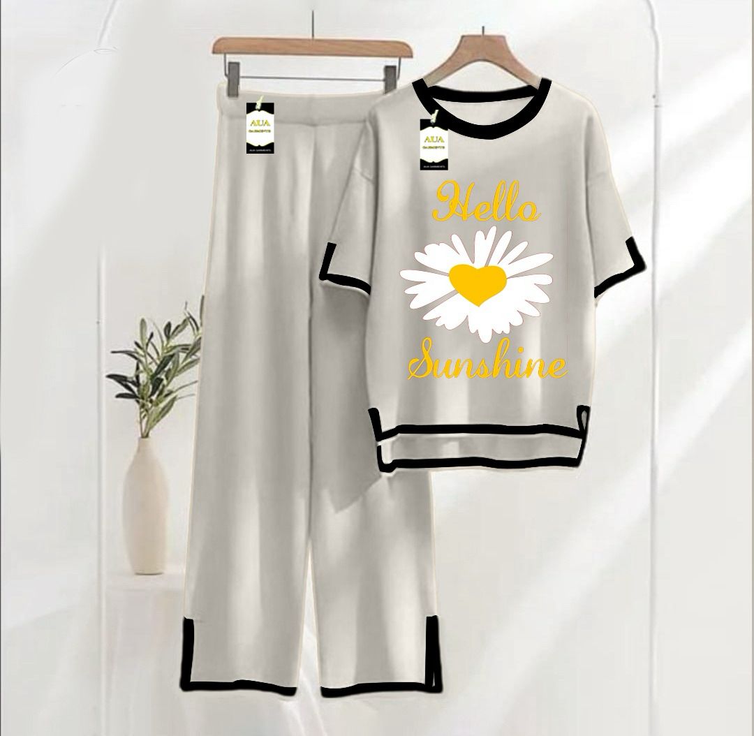 Women's Grey Hello Sunshine Printed Nightwear Set - Soft Summer Jersey Fabric, Short Sleeves, Contrast Piping Turkish Style | Comfortable Sleepwear by AUA Garment